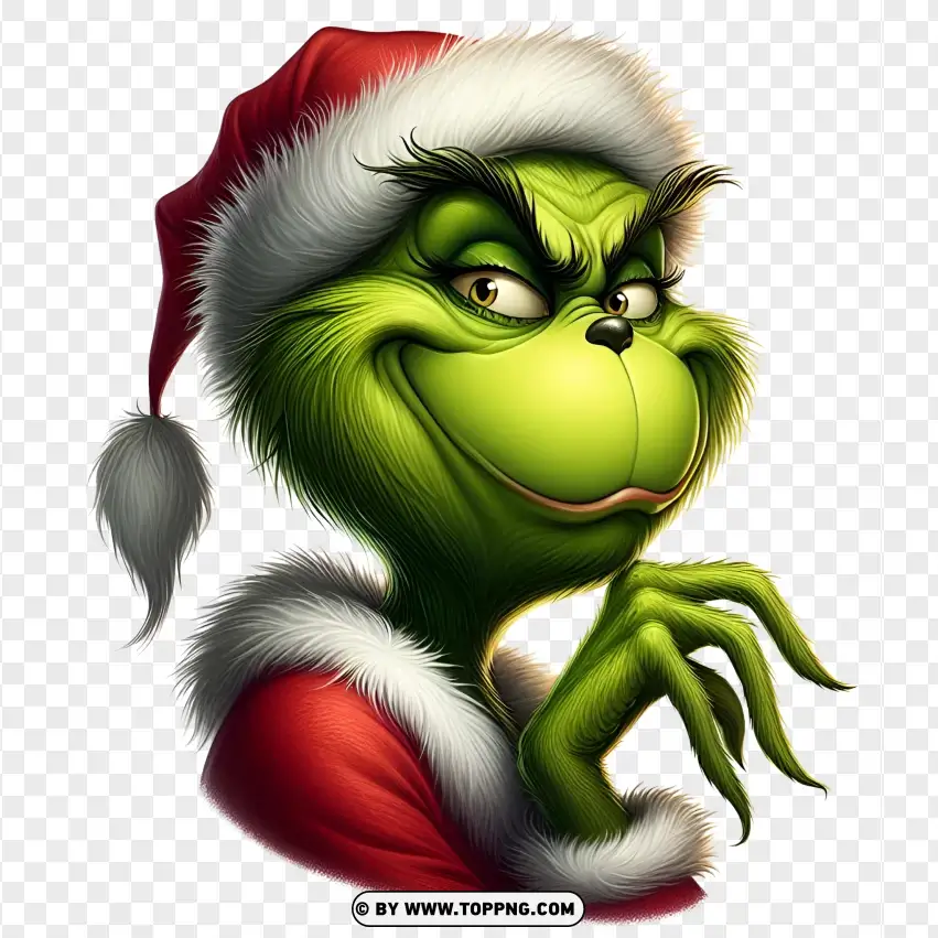 Grinch In Santa Hat With Mischievous Look PNG Transparent Background