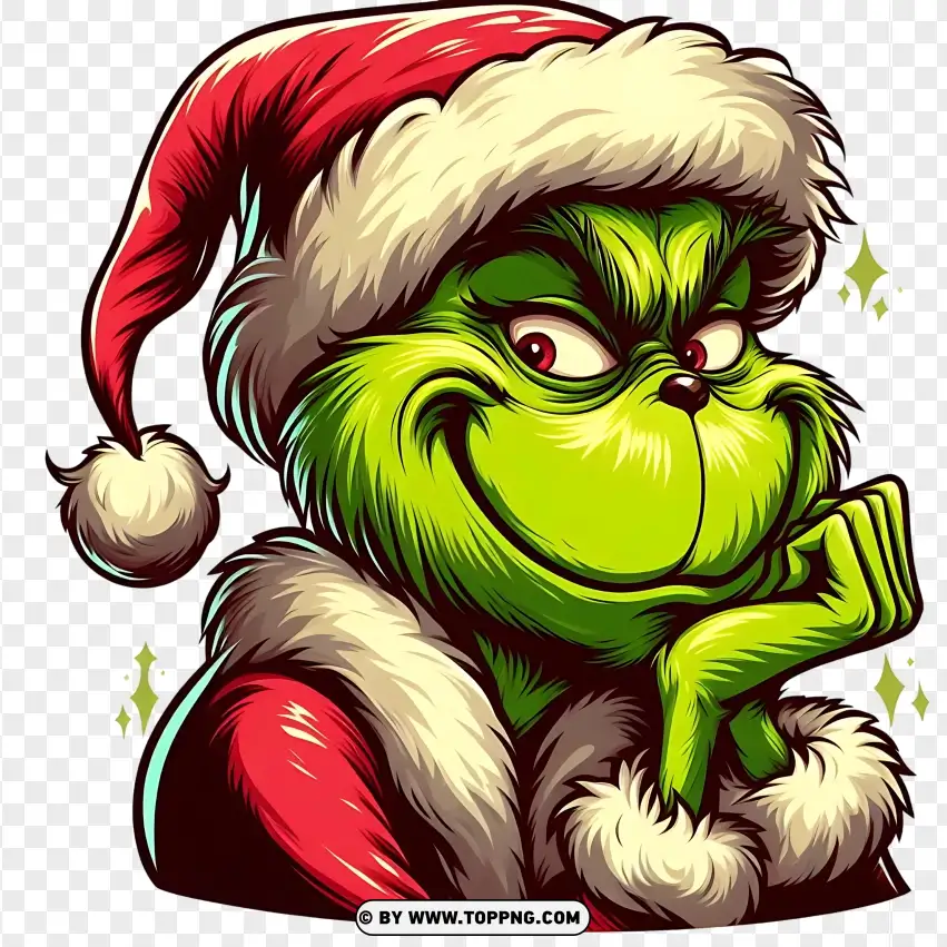 Grinch Smirking In Santa Hat PNG Transparent Background