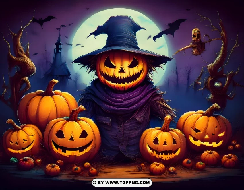 happy Halloween wallpaper, spooky scarecrow, Halloween pumpkins, eerie full moon, haunted Halloween scene, creepy scarecrow, Halloween night