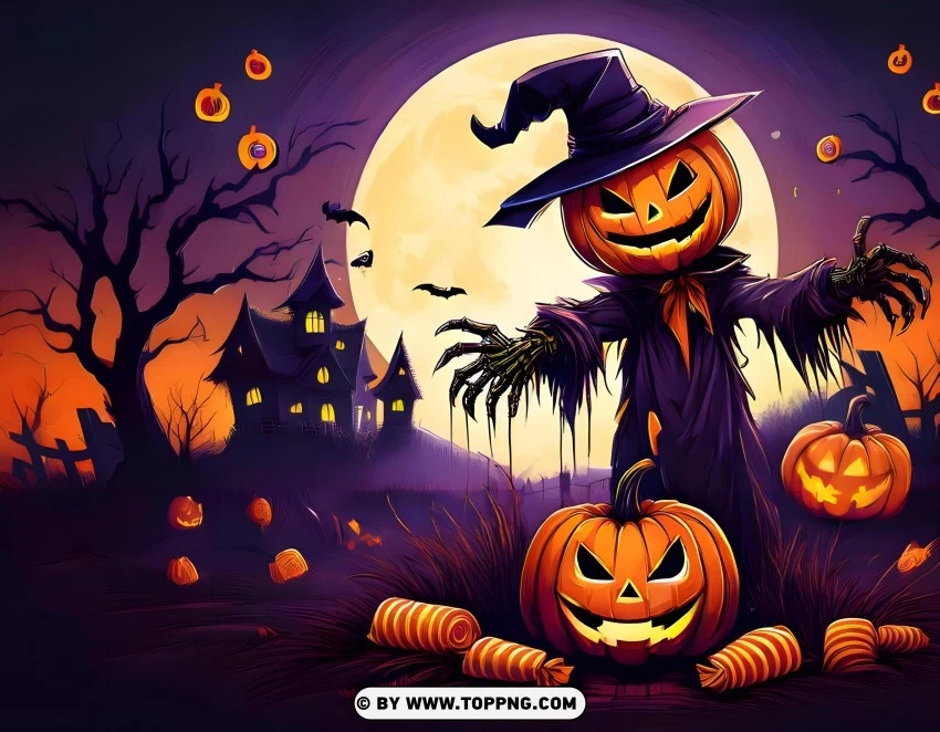 happy Halloween wallpaper, spooky scarecrow, Halloween pumpkins, eerie full moon, haunted Halloween scene, creepy scarecrow, Halloween night