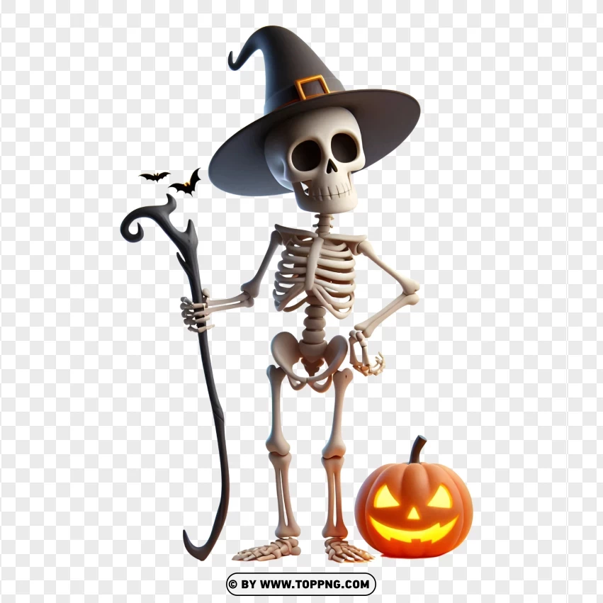 Halloween Skeleton With Witch Hat And Pumpkin Lantern PNG Transparent Background