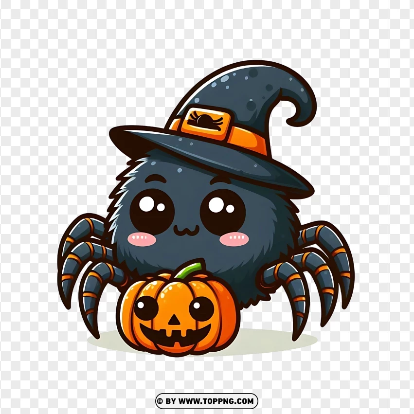 Halloween Spider With Witch Hat And Pumpkin PNG Transparent Background