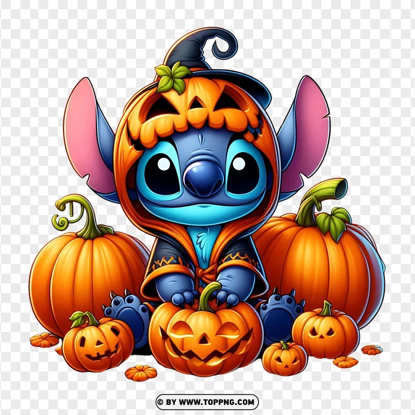 Stitch character dressed in a pumpkin-themed costume surrounded by jack-o'-lanterns and pumpkins on a transparent background