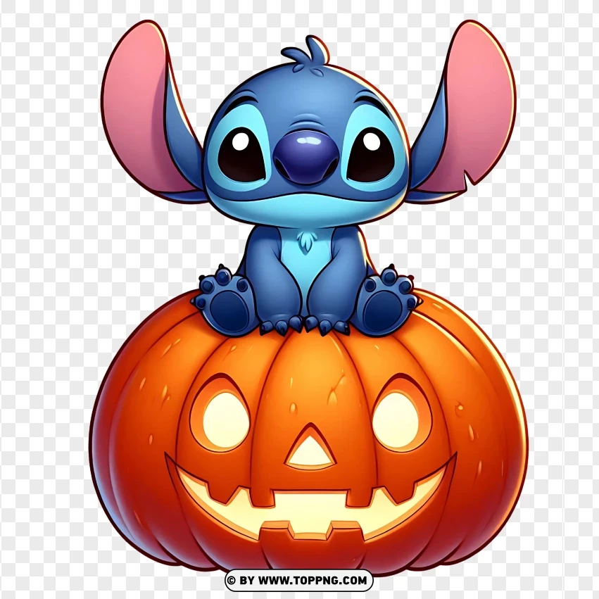 Cartoon Stitch character sitting on a glowing jack-o'-lantern with a cute expression, on a transparent background