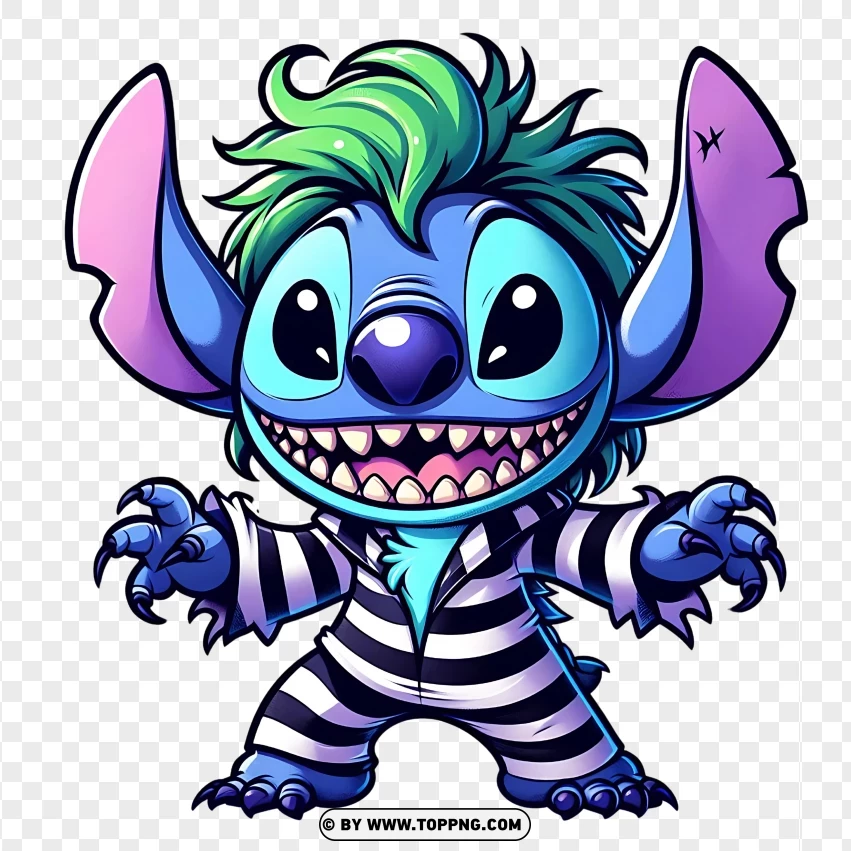 Cartoon Stitch character dressed as Beetlejuice with a black and white striped suit and green hair, on a transparent background