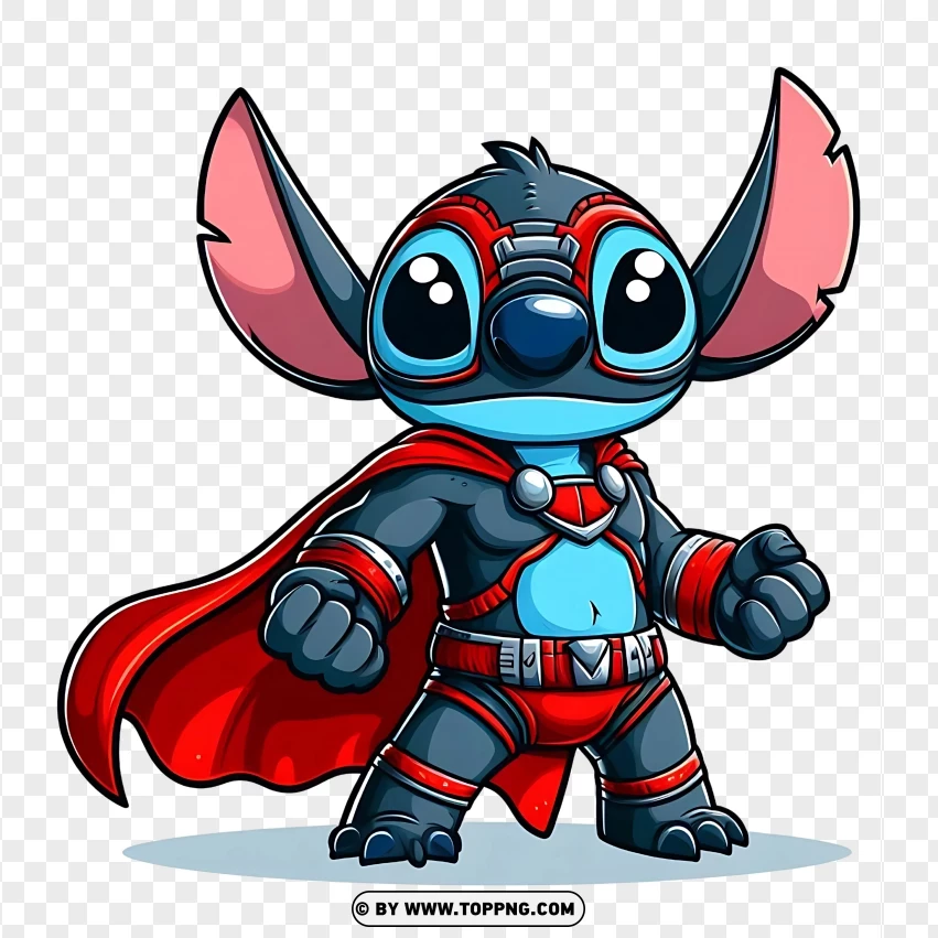 Cartoon Stitch character dressed as a superhero with a red cape and armor, ready for action, on a transparent background