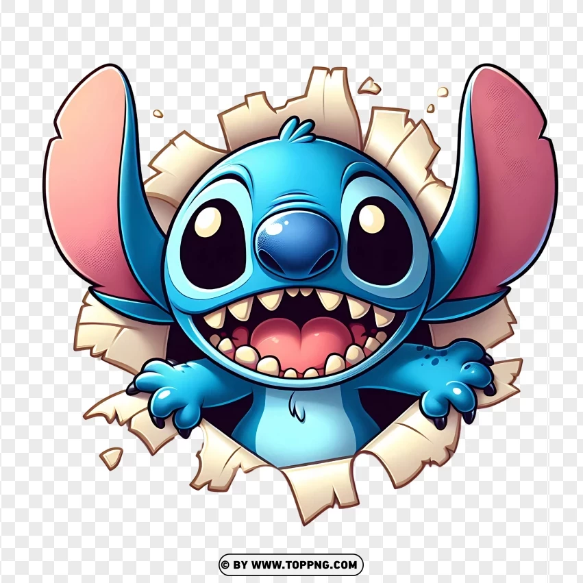 Cartoon Stitch character bursting through a torn wall with a playful and excited expression, on a transparent background