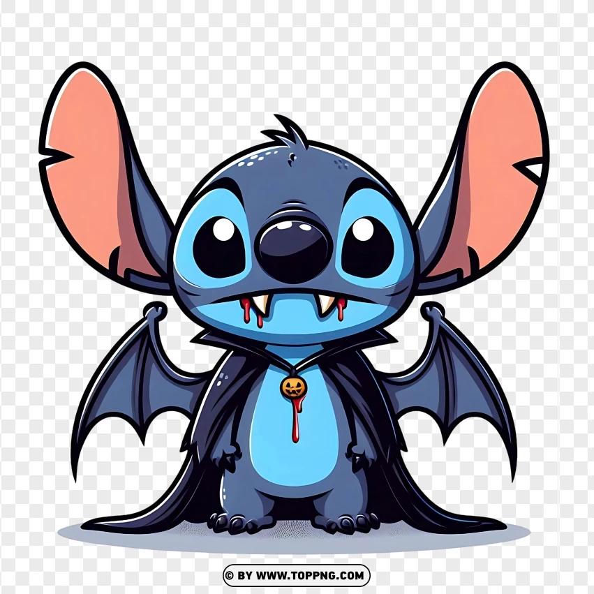 Cartoon Stitch character dressed as a vampire with bat wings, fangs, and a Halloween pendant, on a transparent background