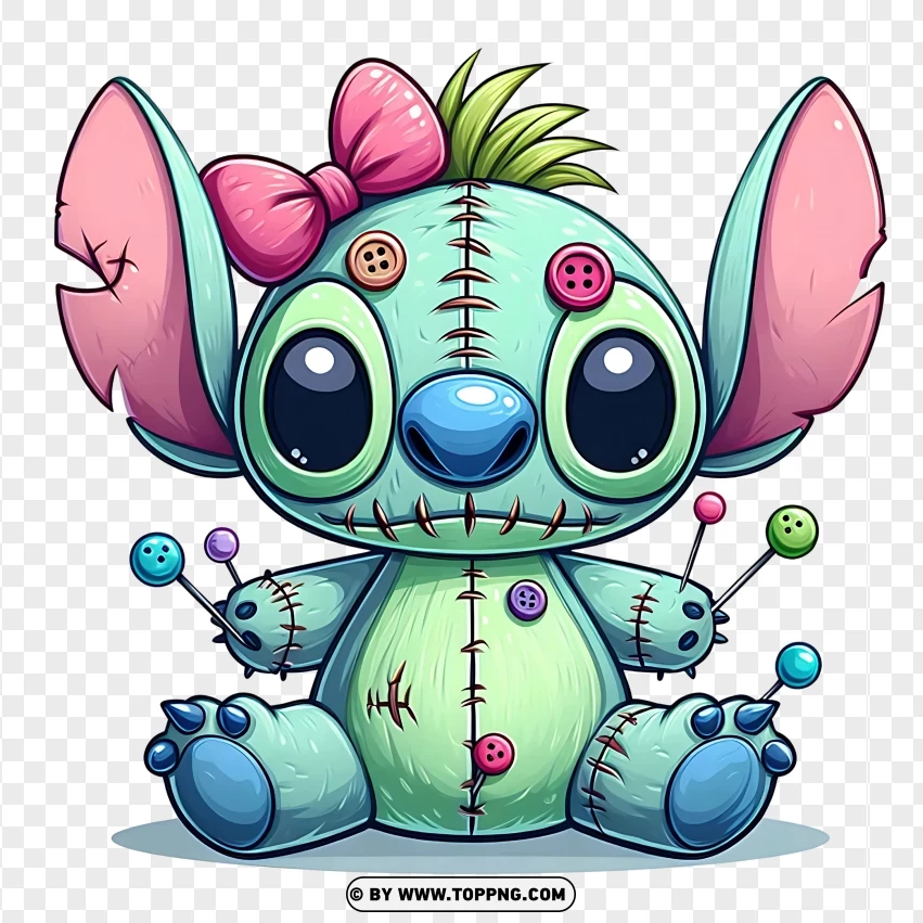 Cartoon Stitch character styled as a voodoo doll with stitching, buttons, and pins, featuring a cute pink bow on a transparent background