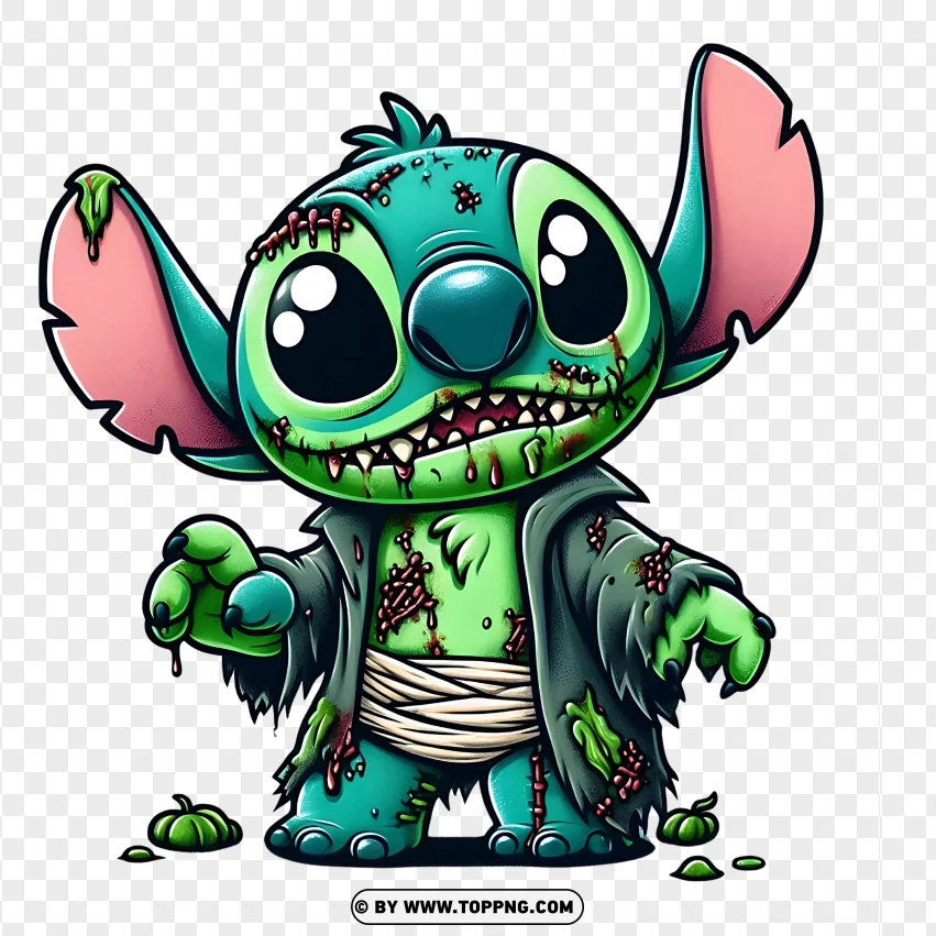 Cartoon Stitch character dressed as a zombie with green skin, tattered clothes, and slime details on a transparent background