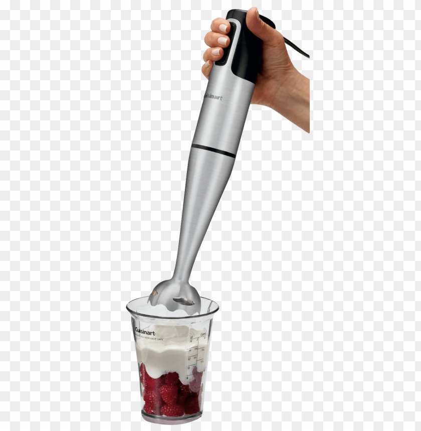 Hand holding a Cuisinart immersion blender over a glass of mixed berries and cream.