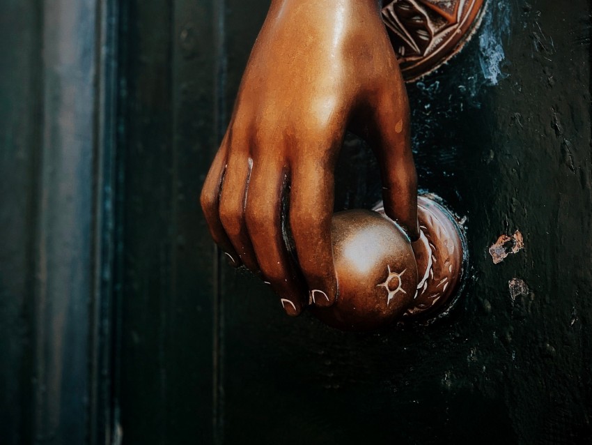 hand, door handle, bronze, metal, door