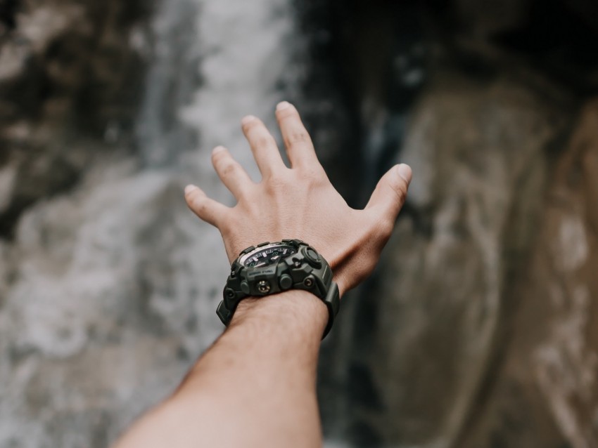 hand, fingers, wrist watches, waterfall