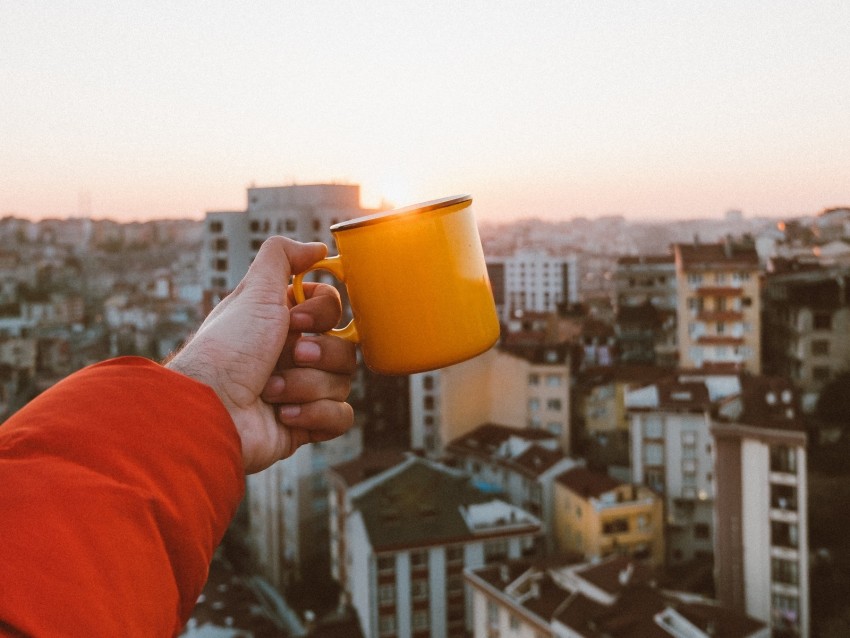 hand, mug, city, roofs, sundawn, rising sun