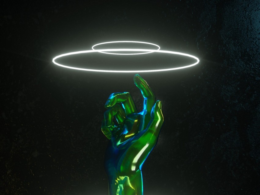 hand, neon, rings, glow, touch, 3d