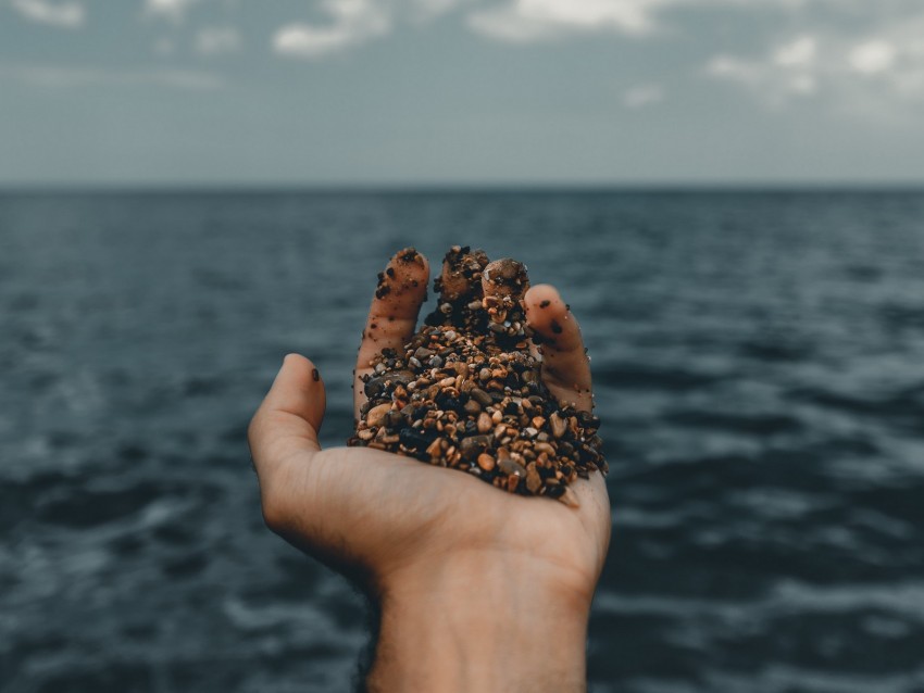hand, pebble, sea, water, horizon