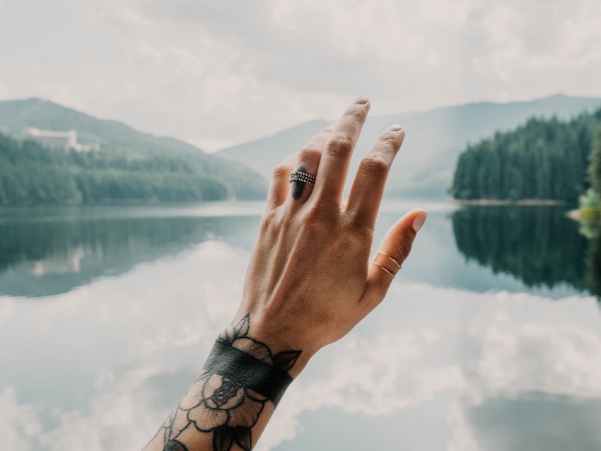hand, tattoos, touch, lake, landscape