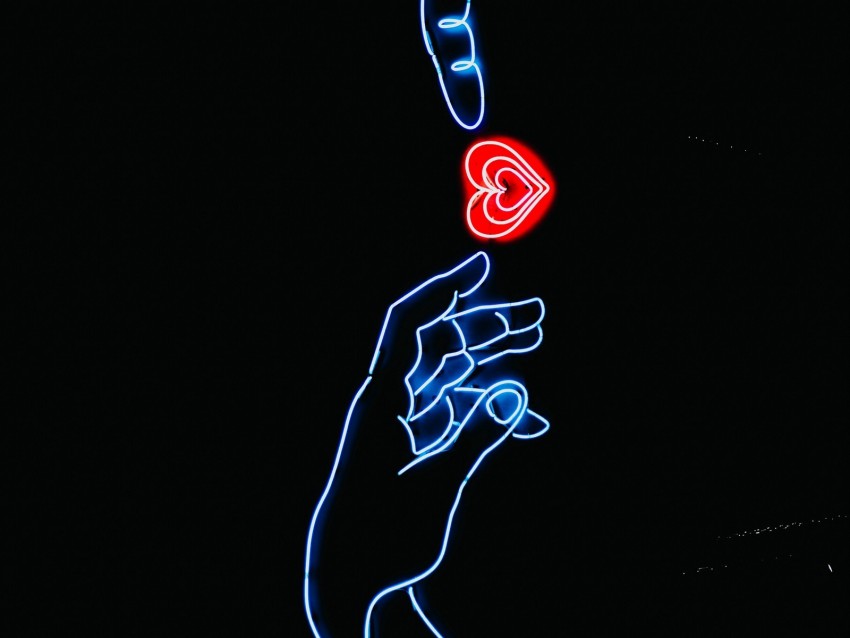 hands, heart, neon, glow, fingers, touch, dark