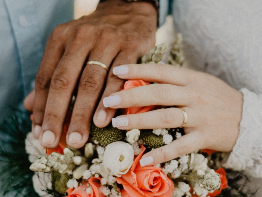 hands, rings, couple, love, bouquet, wedding