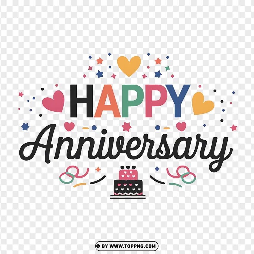 Happy Anniversary Typography With Hearts And A Cake For Romantic Occasions PNG Transparent Background