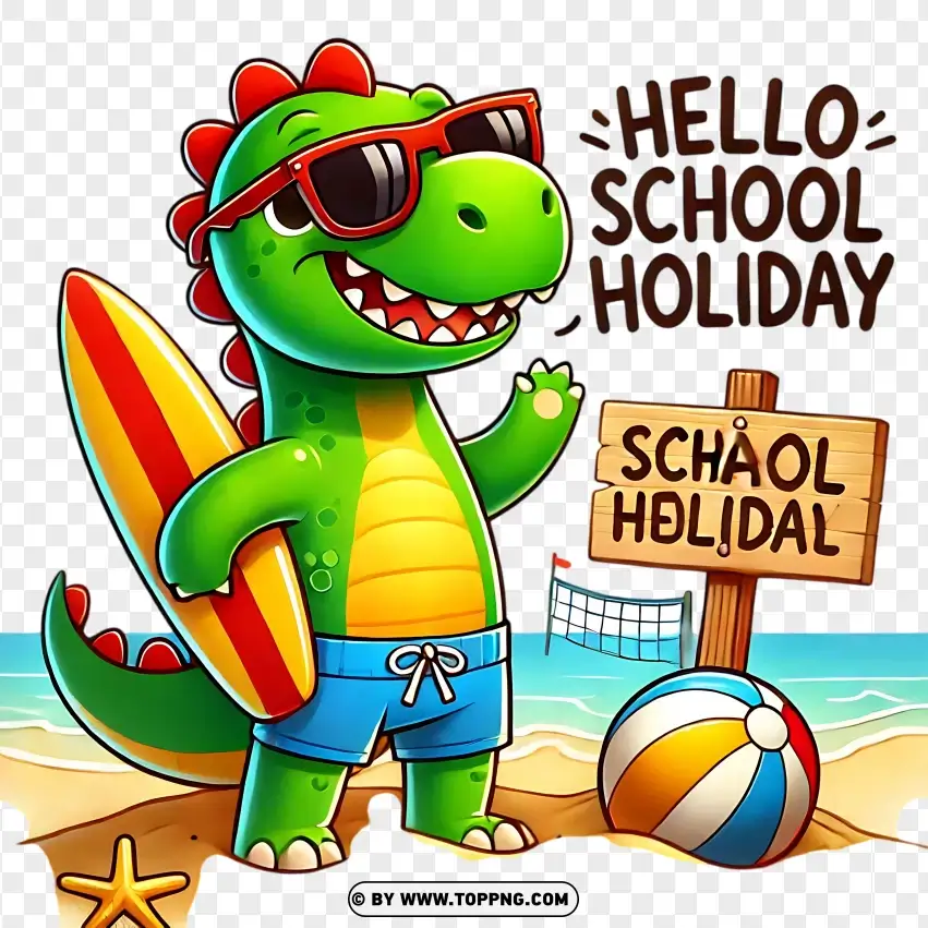 Happy Dinosaur In Sunglasses With Beach Ball Hello School Holiday Clipart PNG Transparent Background