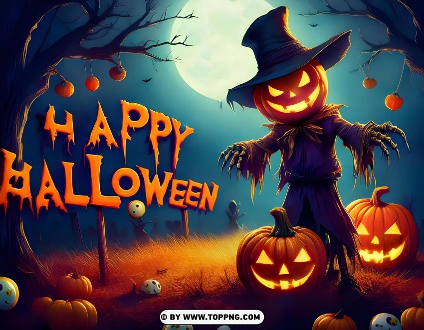 happy Halloween wallpaper, spooky scarecrow, Halloween pumpkins, eerie full moon, haunted Halloween scene, creepy scarecrow, Halloween night