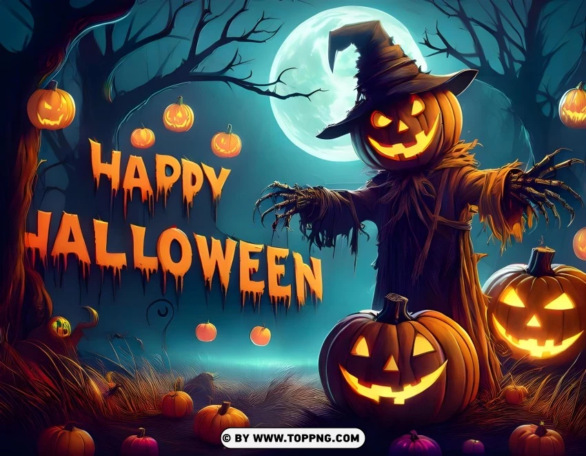 happy Halloween wallpaper, spooky scarecrow, Halloween pumpkins, eerie full moon, haunted Halloween scene, creepy scarecrow, Halloween night