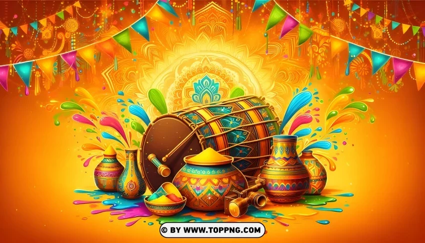 Happy Holi Featuring Drums Pots Of Colored Powders Splashes Of Color And Flags PNG Transparent Background