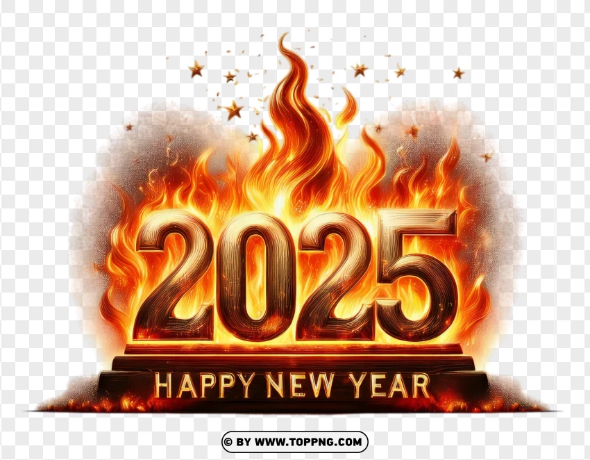 Happy New Year 2025 In Fire Design PNG Transparent Background