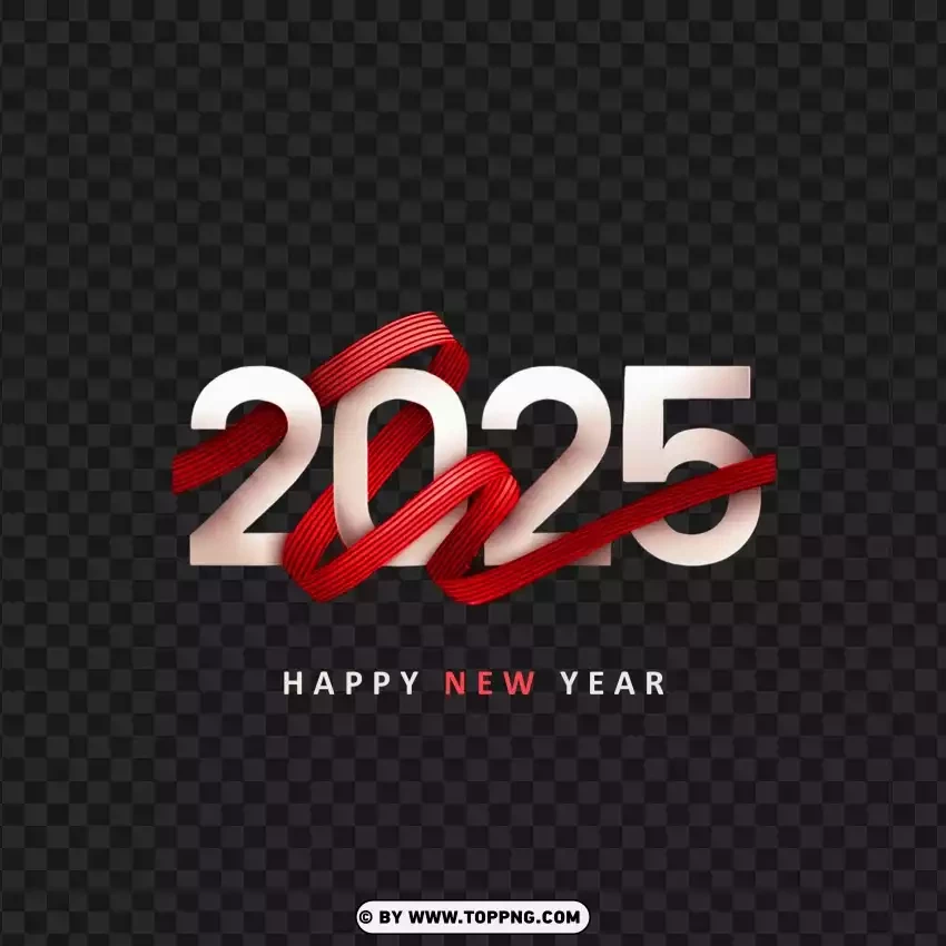 Happy New Year 2025 White With Red Ribbons PNG Transparent Background