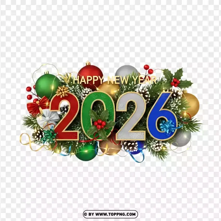 Happy New Year 2026 design with Christmas decorations