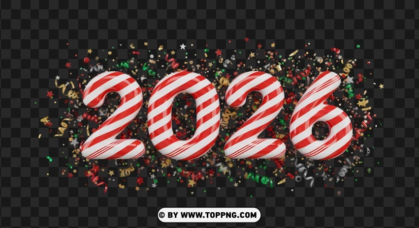 2026 Candy Cane Typography Design Confetti PNG Transparent Background