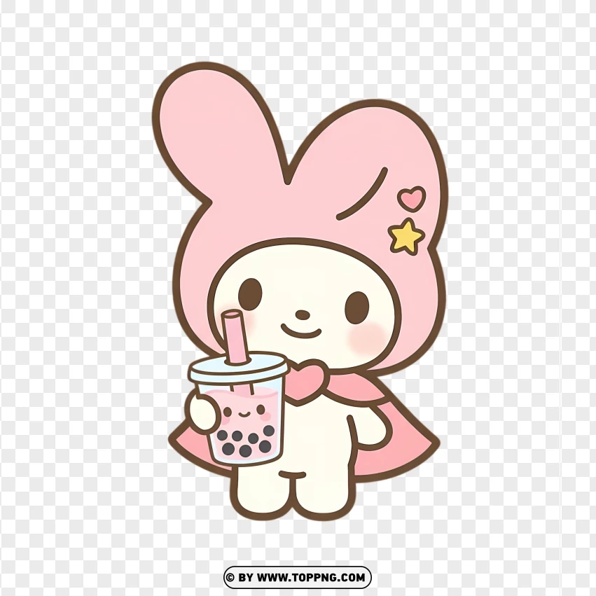 Happy pastel bunny holding boba drink in kawaii style