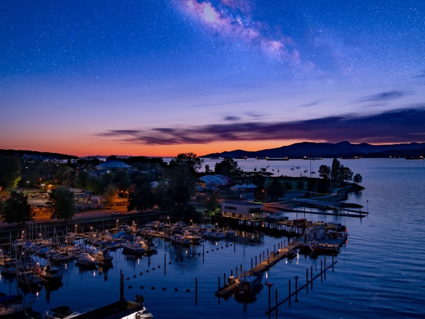 harbor, city, aerial view, port, twilight, starry sky