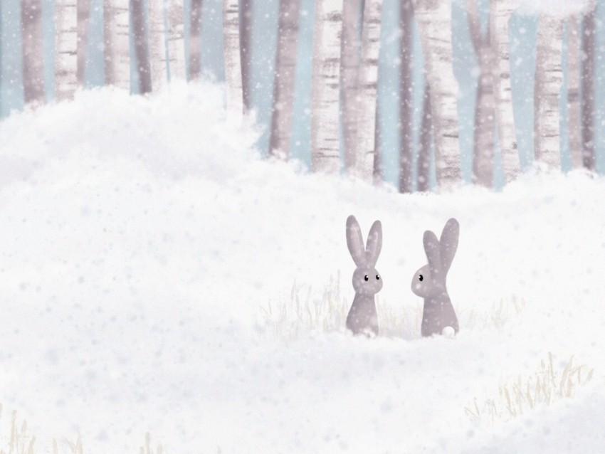 hares, forest, snow, winter, art