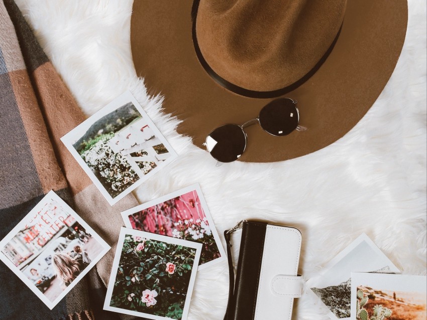 hat, glasses, photos, wallet, style