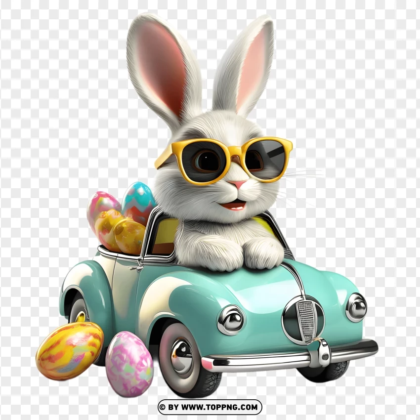 Easter bunny, colorful Easter eggs, bunny with basket, Easter celebration, green car, 