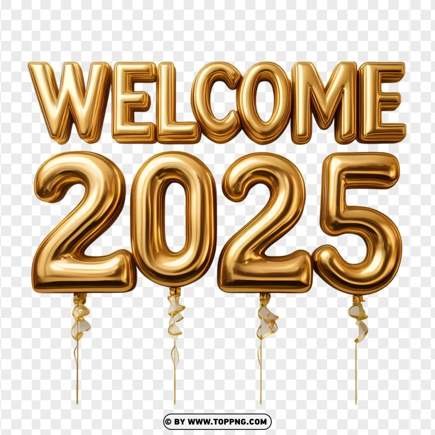 Hd Gold Welcome 2025 Balloon Cluster With Ribbons PNG Transparent Background