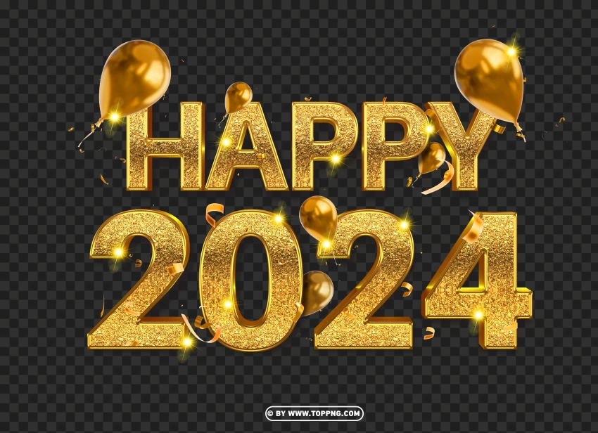 HD Happy 2024 Gold With Balloon Confetti PNG