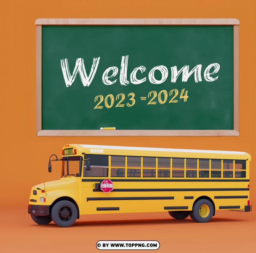 HD Welcome 2023-2024 Back to School Poster Blackboard with 3D School Bus on a Yellow Background Photo