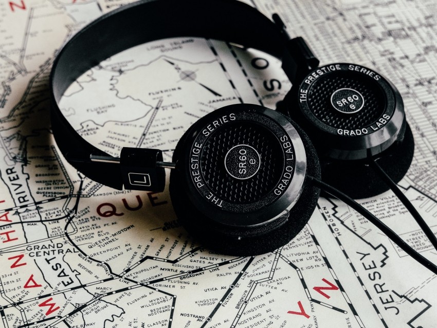 headphones, map, travel, music, audio