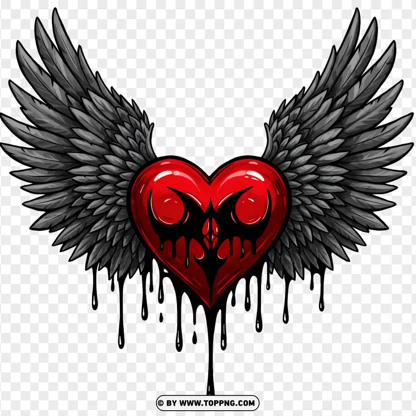 Skull Gothic Heart With Black Angel Wings PNG Transparent Background