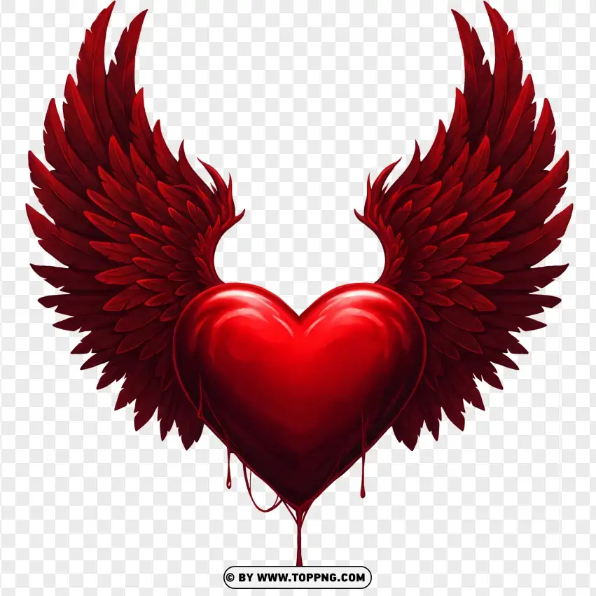 Red Gothic Heart With Large Angel Wings PNG Transparent Background