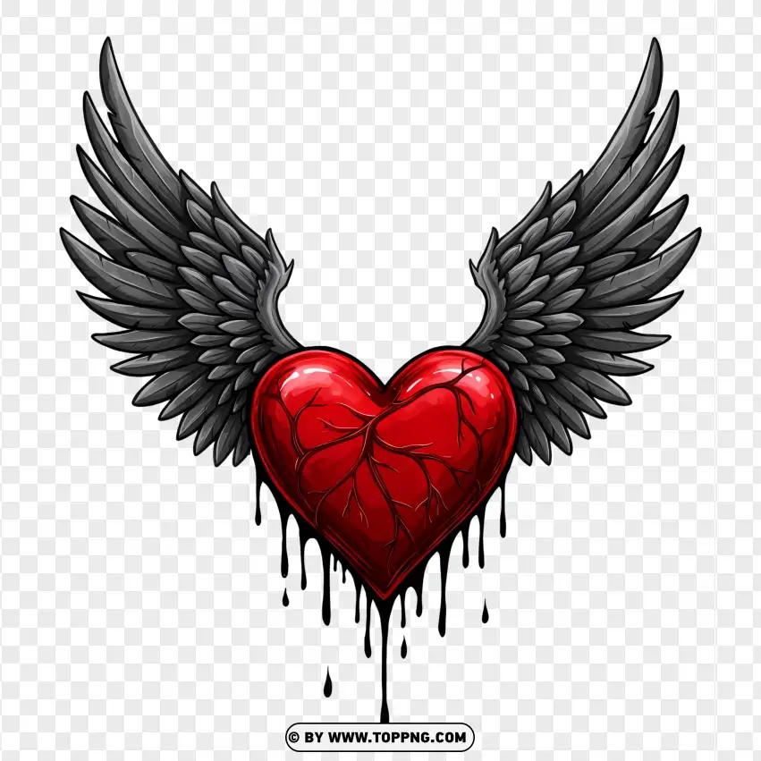 Dripping Red Goth Heart With Black Angel Wings PNG Transparent Background