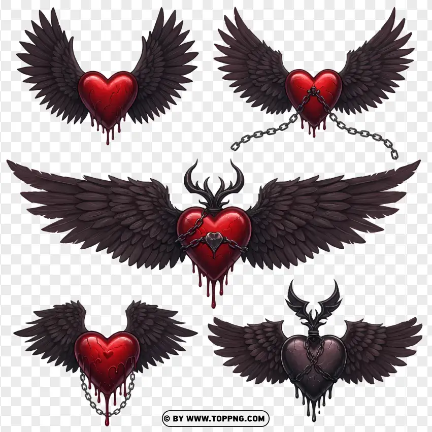 Collection Of Gothic Hearts With Wings PNG Transparent Background