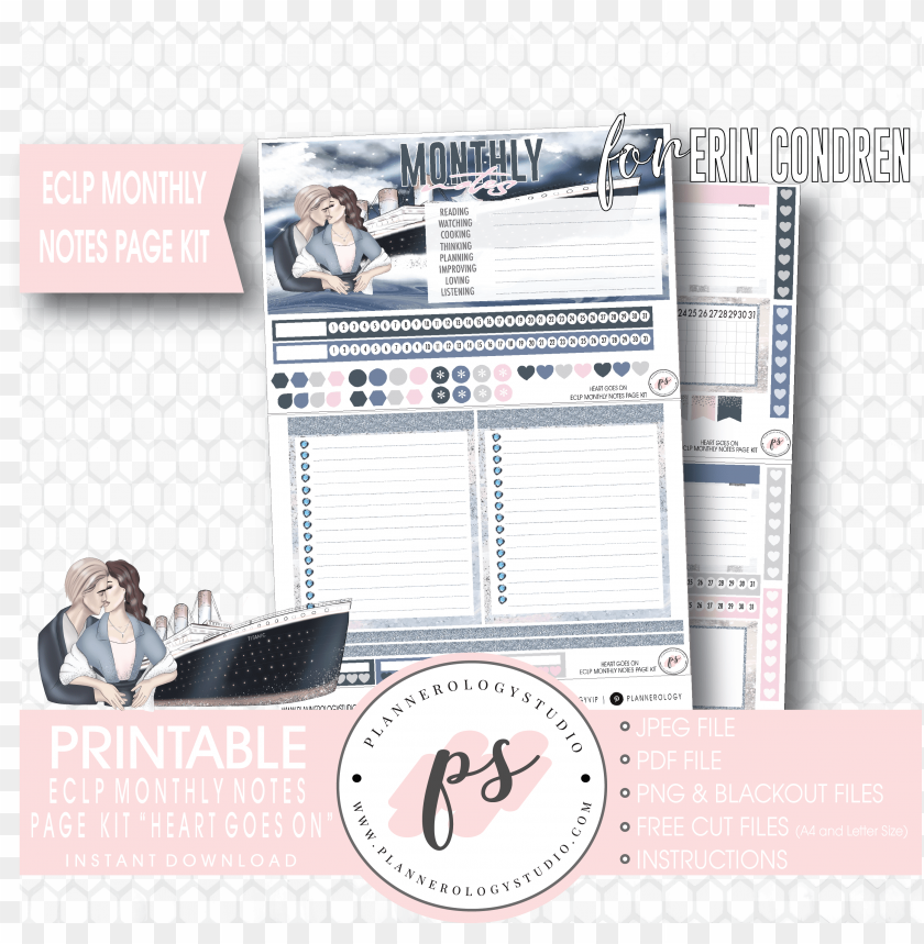 heart goes on monthly notes page kit digital printable PNG transparent with Clear Background ID 348238