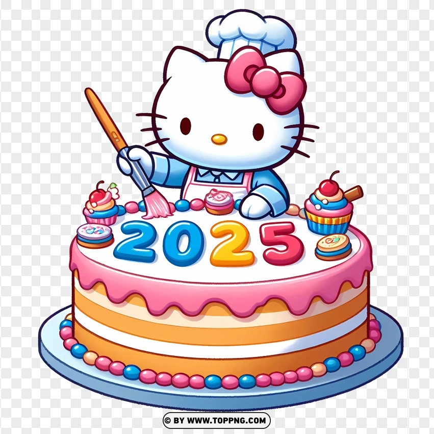 Charming Hello Kitty Baking A Colorful 2025 Cake PNG Transparent Background