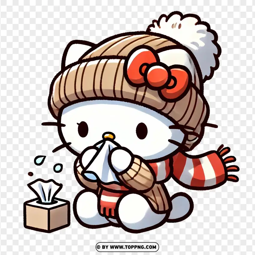 Hello Kitty Cartoon Sneezing And Using Tissues PNG Transparent Background