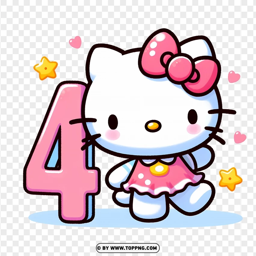 Hello Kitty Dressed In Pink With Number 4 Cute For Young Kids PNG Transparent Background