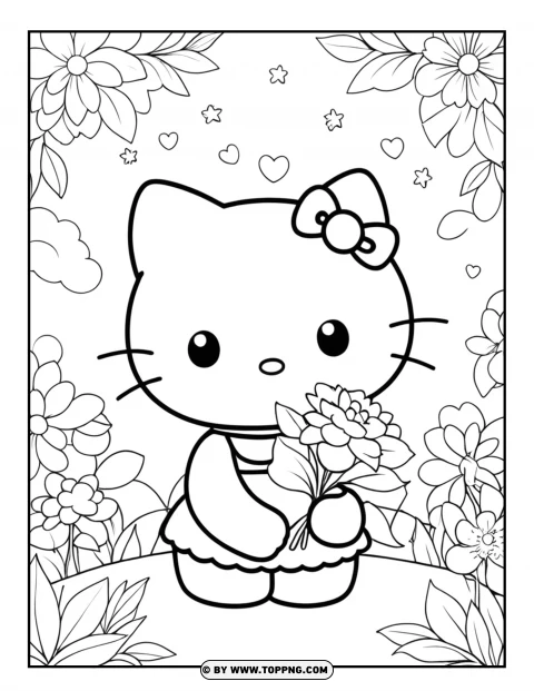 Hello Kitty coloring page, Hello Kitty character coloring page, Hello Kitty cartoon coloring,Hello Kitty Holding Flowers,Hello Kitty Holding Flowers Coloring Page,Hello Kitty, cartoon Hello Kitty